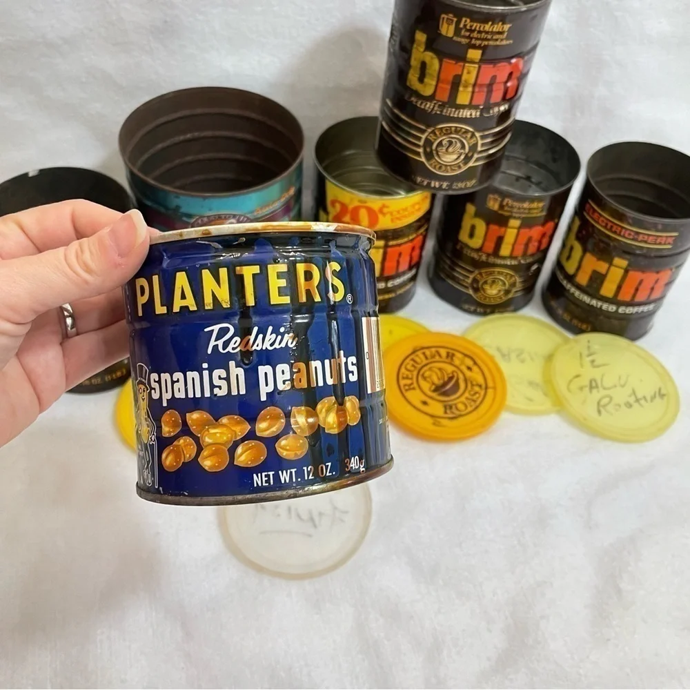 Vintage coffee cans from the 70s Brim, Maxwell House, Planters Peanuts 7 pieces